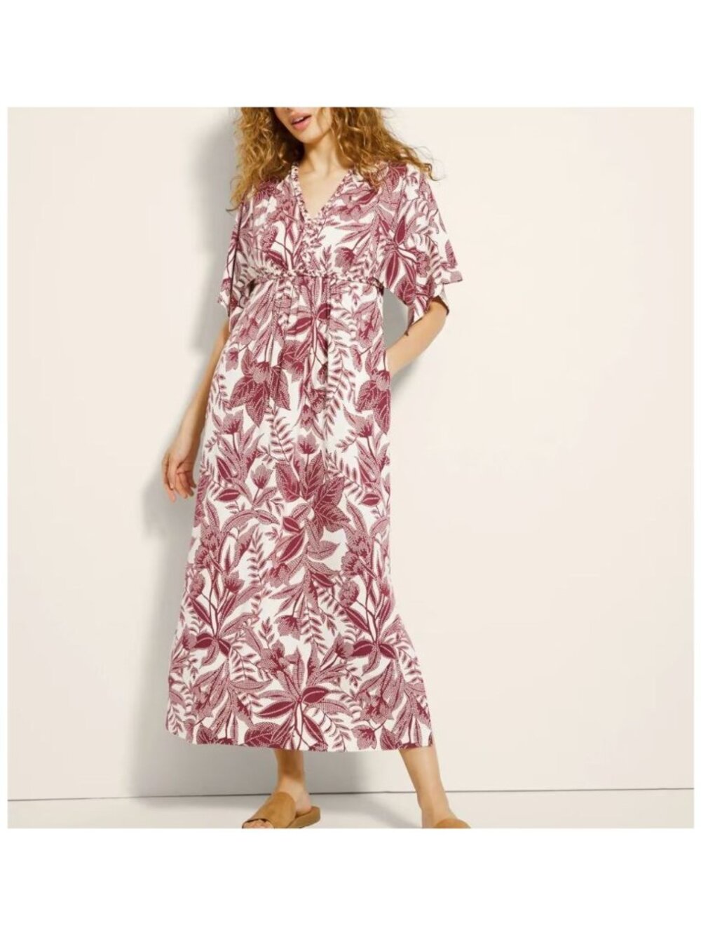 Soma Soft Jersey Caftan Palms Tropical Dress Maxi Pockets Built In Bra Large NWT - Picture 1 of 16